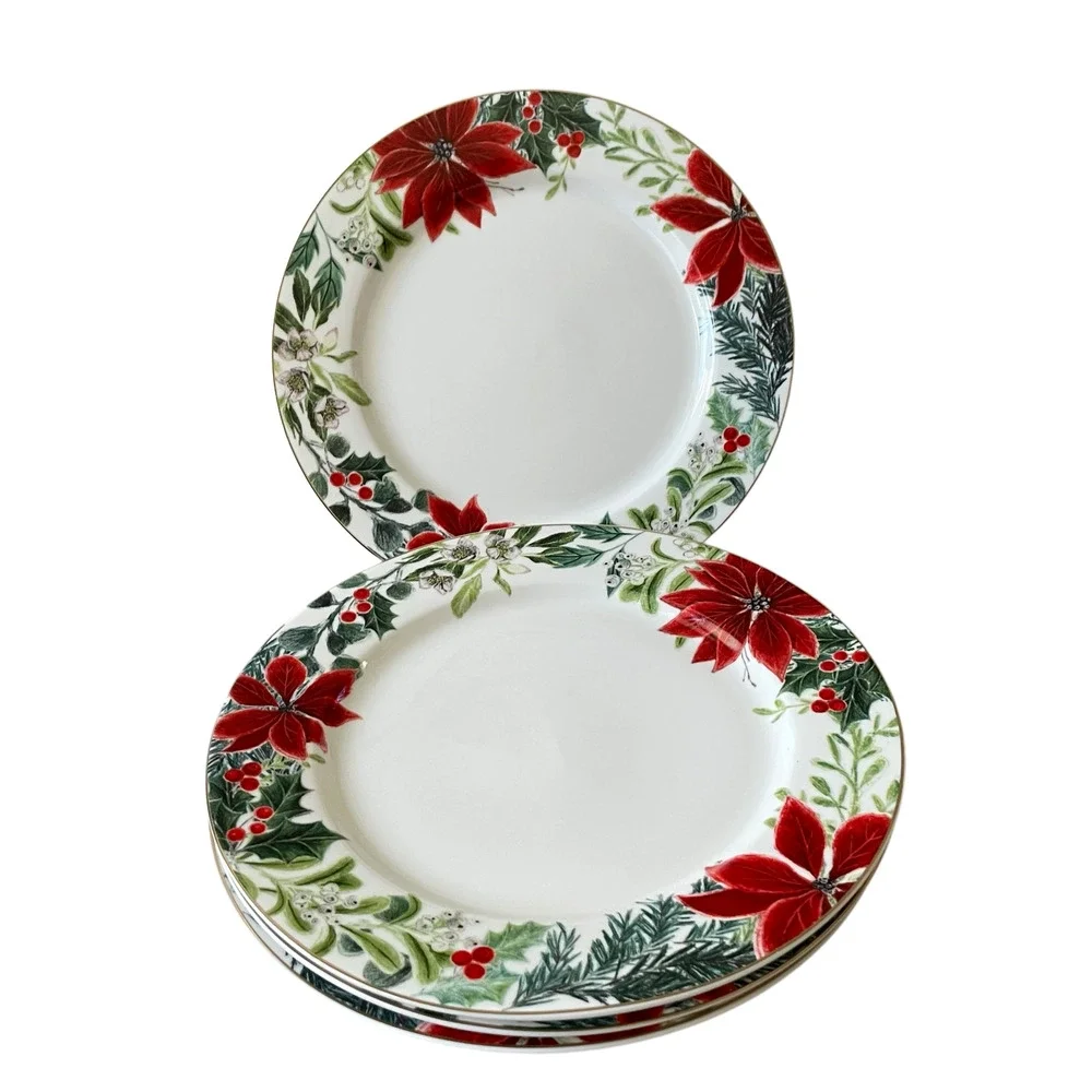 Grace Teaware Christmas Poinsettia Dinner Plates 10.5in Set of 4 Holiday New